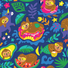 Wall Mural - Seamless pattern with cartoon sloths enjoy summer day in the water. Vector illustration