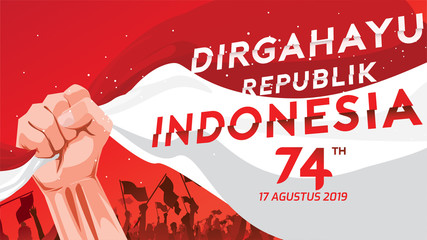 Poster - 17 August. Indonesia Happy Independence Day greeting card with hands clenched, Spirit of freedom symbol. Use for banner, and background . Vector