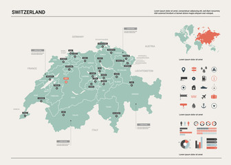 Wall Mural - vector map of switzerland. country map with division, cities and capital bern. political map, world 
