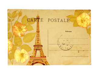 Wall Mural - Vintage postcard with Eiffel Tower and rose flowers