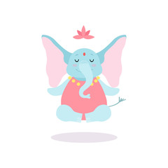  Cute Elephant Meditating in Lotus Position, Funny Animal Cartoon Character Practicing Yoga Vector Illustration