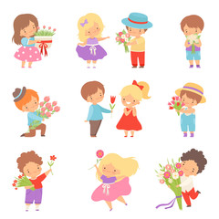 Poster - Collection of Cute Little Boys Giving Flowers to Lovely Girls Cartoon Vector Illustration