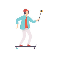 Sticker - Male Skateboarder Taking Selfie Photo on Smartphone, Guy Making Photo or Video for Social Media Using Selfie Stick Vector Illustration