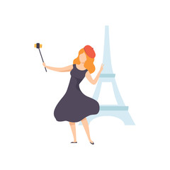 Sticker - Girl Taking Selfie Photo on Smartphone on Backdrop of Eiffel Tower, Female Tourist Making Photo or Video for Social Media Using Selfie Stick Vector Illustration