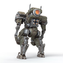 Sci-fi Mech Soldier Standing On White Background. Military Futuristic Robot Battle With A Green And Gray Color Scratched Metal Armor. Mechanical Mech With A Turbine Controlled By A Pilot. 3D Rendering