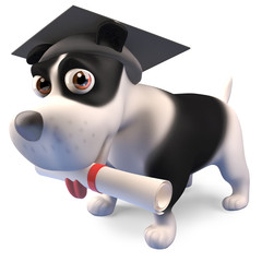 Canvas Print - Graduate puppy dog wears his mortar board and holds his diploma scroll, 3d illustration