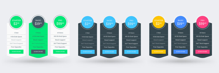 Wall Mural - pricing table design template for websites and applications. set of three different color variations