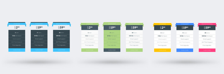 Wall Mural - pricing table design template for websites and applications. set of three different color variations