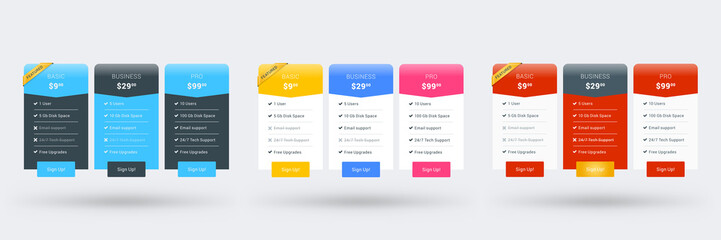 Wall Mural - pricing table design template for websites and applications. set of three different color variations
