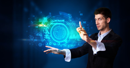 Aufkleber - Man touching hologram screen displaying medical symbols and charts
