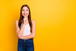 © deagreez - Portrait of lovely nice attractive lady touch chin she minded her dressed white top fashionable clothing denim jeans isolated colorful background