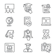 Aufkleber - Online education line icons set. Black vector illustration. Editable stroke.