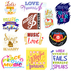 Wall Mural - Music lettering vector musical typography graphic sign calligraphy text or quote of love relax and music sound freedom poster illustration decorative typographic print set isolated on white background