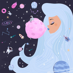 ПечатьSpace girl cartoon poster with fantasy sweets planets, stars, candy and girl. Birthday party invitation, Fantasy galaxy game concept. Editable vector illustration