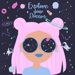 ПечатьSpace girl cartoon poster with fantasy sweets planets, stars, candy and girl. Birthday party invitation, Fantasy galaxy game concept. Editable vector illustration