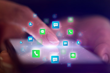 Aufkleber - Finger touching phone with friends and contact concept and dark background
