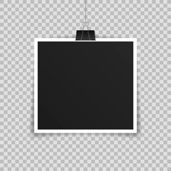 Wall Mural - vector photo frame mockup design. photo frame hanging on a clip isolated on transparent background. 