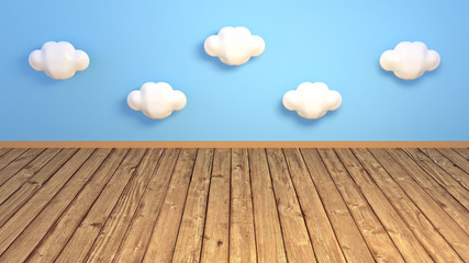 White clouds on blue wall and empty wooden floor. Concept of children playroom or game room. 3d rendering picture.