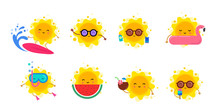 Fun Summer Elements, Sun Characters, Icons With Ice Cream, Watermelon, Surfboard And Swimming Pool Float