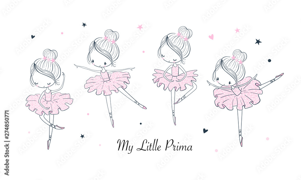 Cartoon dancing ballerina vector illustrations set - obrazy, fototapety, plakaty 