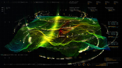 Leinwandbilder - Futuristic Holographic Terrain environment, geomorphology, topography and digital data telemetry information display motion graphic user interface head up display screen