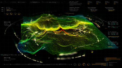 Fototapete - Futuristic Holographic Terrain environment, geomorphology, topography and digital data telemetry information display motion graphic user interface head up display screen
