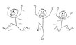 Vector cartoon stick figure drawing conceptual illustration of group of men or businessmen running away in panic.