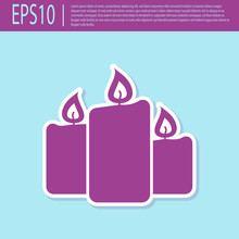 Retro Purple Burning Candles Icon Isolated On Turquoise Background. Old Fashioned Lit Candles. Cylindrical Aromatic Candle Sticks With Burning Flames. Flat Design. Vector Illustration