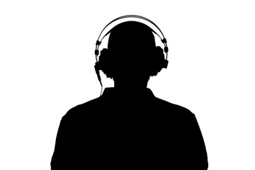 man silhouette with earphone isolated on white background with clipping path and copy space for your text