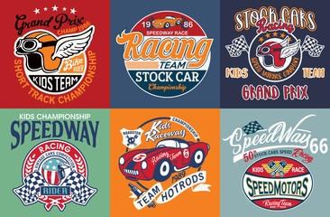 Wall Mural - Kids cute speedway  racing team badges collection  vintage vector print for children wear 