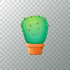 Wall Mural - vector cartoon green cactus in pot isolated on transparent background. funny houseplant icon