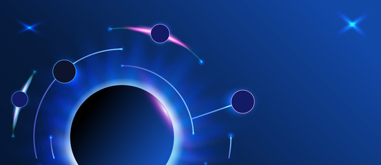 Abstract banner with round line on dark background. Blue circle with light line. Vector illustration.