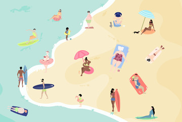 Wall Mural - Vector summertime cartoon illustration. People on the beach. Sunbathing, talking, surfing and swimming in sea or ocean. Beach top view flat illustration.