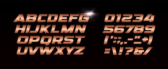 Poster - Bronze letters and numbers set. Metal gradient texture style vector latin alphabet. Typography design.