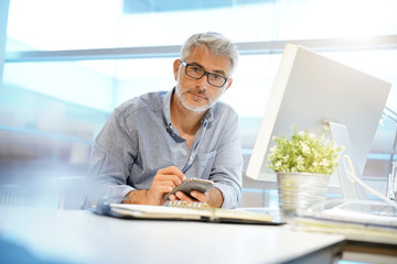 Wall Mural - Casual mature businessman working on cellphone in modern office