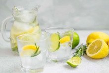 Lime, Lemon , Rosemary Lemonade With Ice Cubes, Refreshing Summer Drink