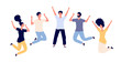 Jumping young happy people. Man and woman teenagers celebrating jump, flying persons in air. Flat vector characters isolated set. People young excited and celebrating, positive success illustration
