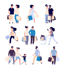 Shopping People Set. Man And Woman With Shopping Card Buying Product In Grocery Store. Isolated Shopper Cartoon Vector Characters Set. Illustration Of Man And Woman Do Shopping