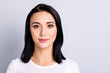 © deagreez - Close up photo beautiful amazing she her lady ideal plump lips sincere kind self-confident easy-going listening great good news wear casual white t-shirt isolated bright grey background