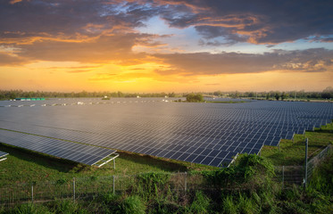 Solar panels (solar cell) in solar farm with blue sky