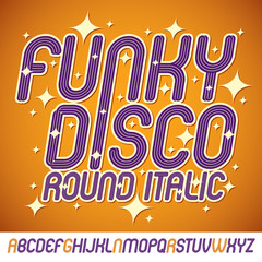 Poster - Vector cursive script, modern freaky alphabet letters set with parallel stripes, for use as retro poster design elements for fun club or concert advertising.