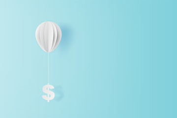 illustration of balloon fly with dollar sign on blue sky. Business and management concept idea.Creative design paper cut and craft style scene for your text.By pastel color.Financial exchange.vector