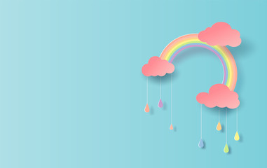 Wall Mural - 3d illustration of rainbow in the rainy colorful season. paper cut design for clouds and rainbow in 
