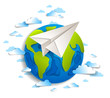 © Sylverarts - Origami folded toy plane flying around the cartoon paper cut earth with beautiful clouds, vector modern style 3d illustration isolated on white background.
