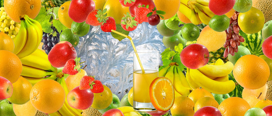 Wall Mural - image of juice in a glass against many fruits and berries close-up