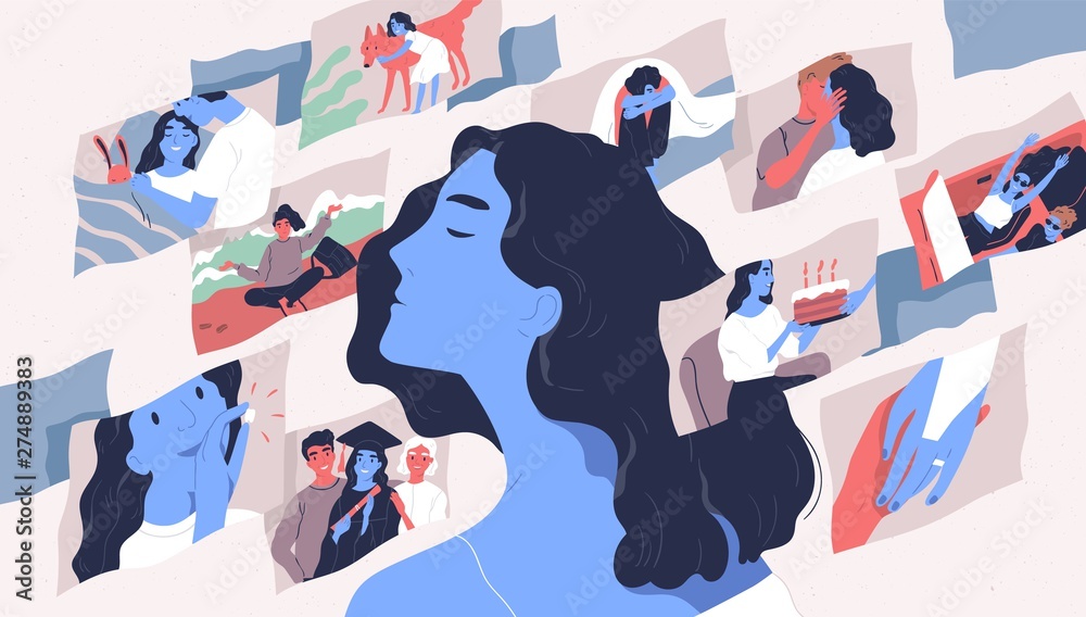 Beautiful young woman and scenes from her life. Concept of memories and thoughts, positive and negative traumatic experience, psychological trauma. Flat cartoon colorful vector illustration. - obrazy, fototapety, plakaty 