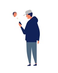 Aufkleber - Young man or teenager wearing cap chatting online or texting on smartphone or mobile phone. Guy with gadget. Internet communication, instant messaging. Flat cartoon colorful vector illustration.