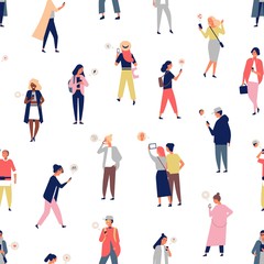 Poster - Seamless pattern with crowd of people using smartphones or mobile phones with messengers. Backdrop with young men and women sending and receiving digital messages. Flat cartoon vector illustration.