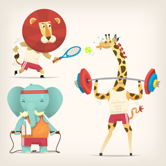 Animals in t-shirts doing sports. Vector illustrations