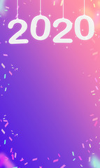 Poster - 2020 Happy new year and confetti hanging at pink gradient purple studio room,Hoilday greeting card,Vertical Mock up for display or montage of product ( 3d rendering)